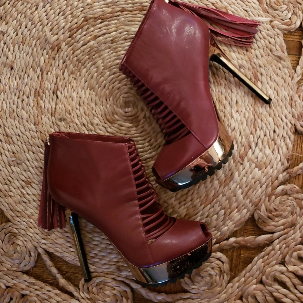 Peeptoe Oxblood Stiletto Tassel platform Heels - Picture 1 of 8